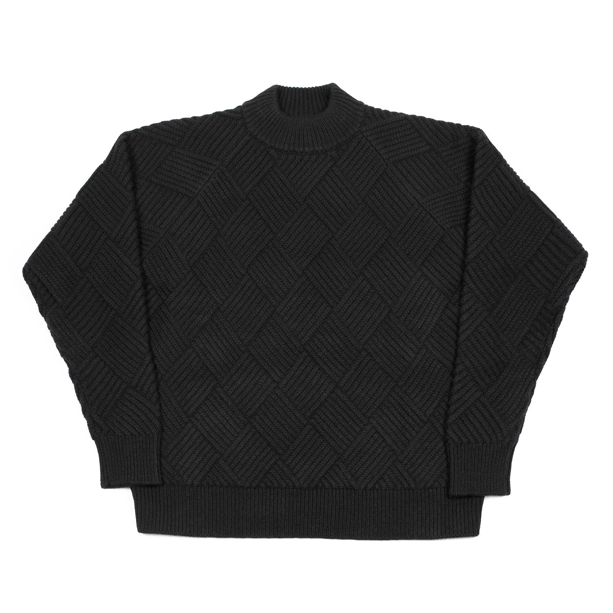 Basketweave mockneck sweater in black Merino wool