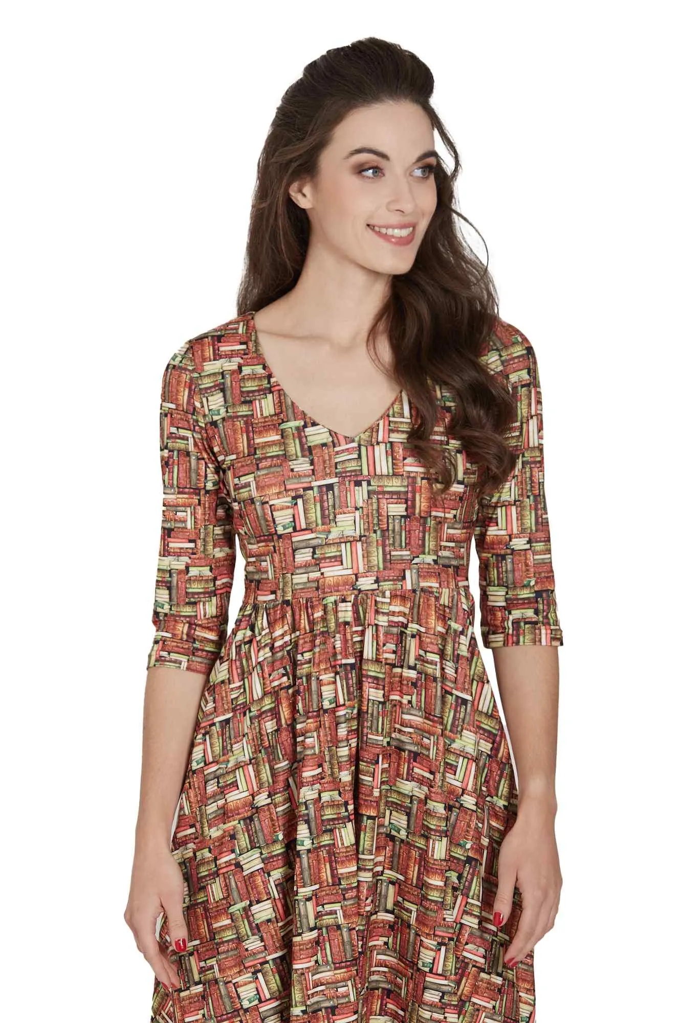 Billie Long Sleeved Book Print Flared Dress