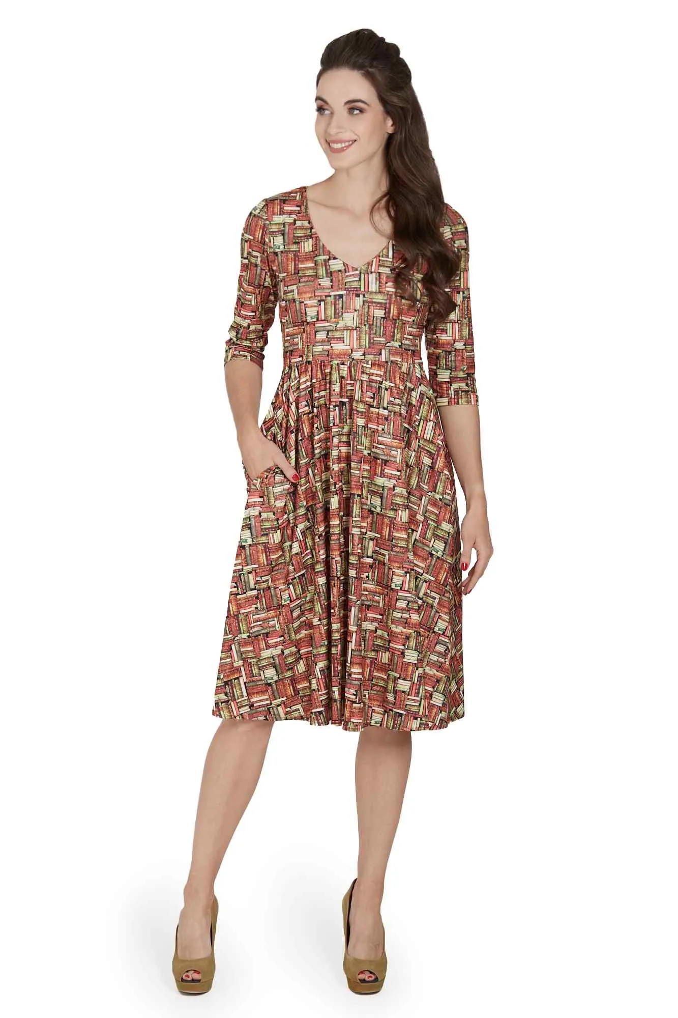 Billie Long Sleeved Book Print Flared Dress