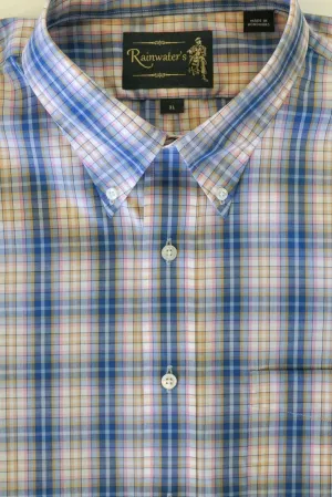 Blue & Pink Plaid with Man in Chair Logo Button Down Wrinkle Free Sport Shirt by Rainwater's