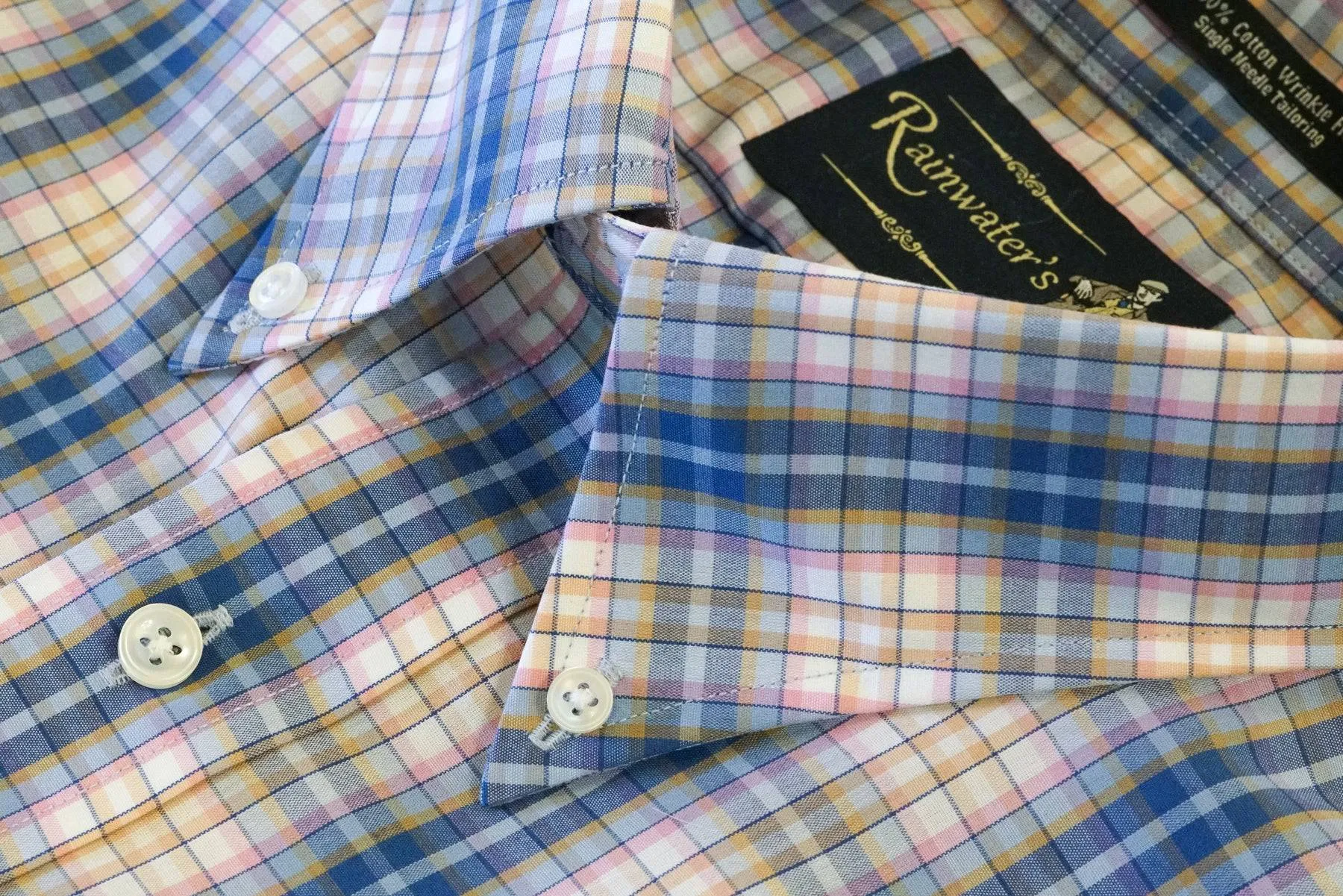 Blue & Pink Plaid with Man in Chair Logo Button Down Wrinkle Free Sport Shirt by Rainwater's