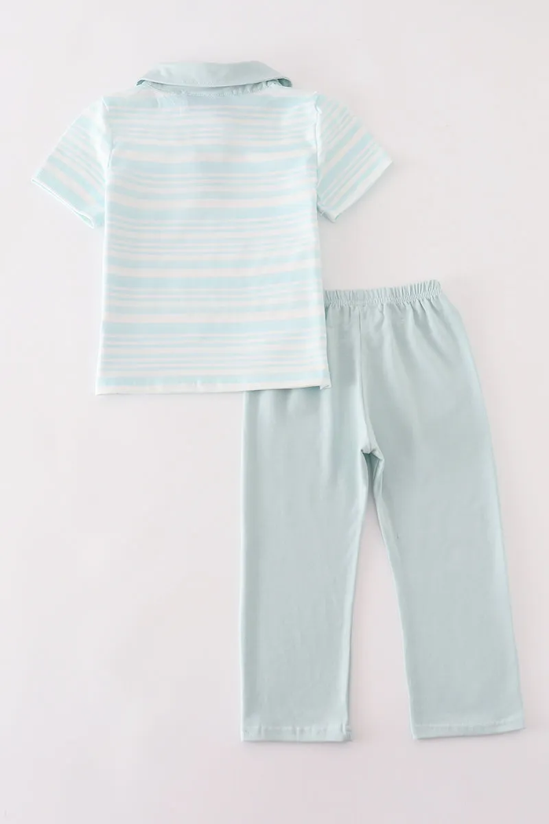 Blue stripe ruffle boy pants set