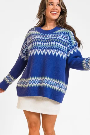 Bundled Up Navy Oversized Fuzzy Fair Isle Sweater FINAL SALE