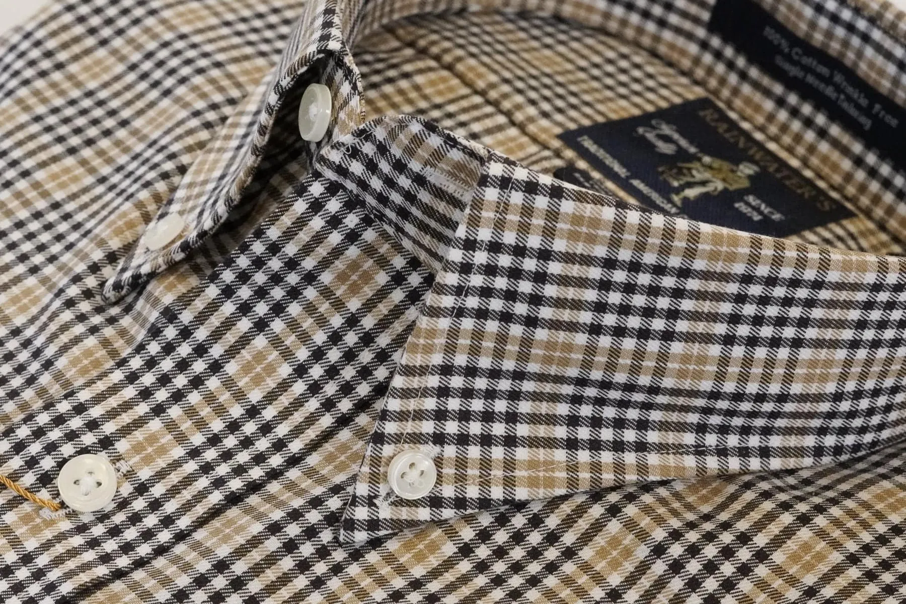 Camel & Black Plaid Check Button Down Wrinkle Free Sport Shirt by Rainwater's