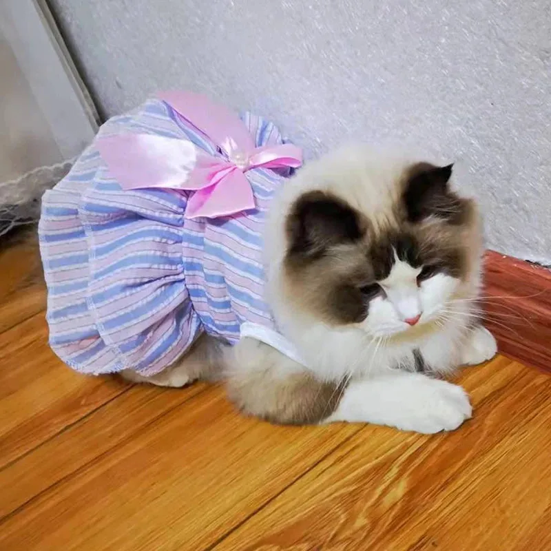 Clothes Striped Plaid Dresses with Bow for Cats