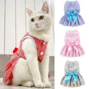 Clothes Striped Plaid Dresses with Bow for Cats