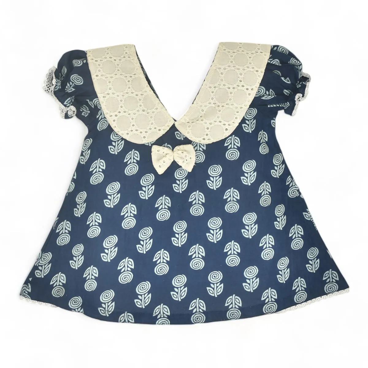 Cotton Dress for Baby Girl | Waves & Rose Design | Indigo Blue