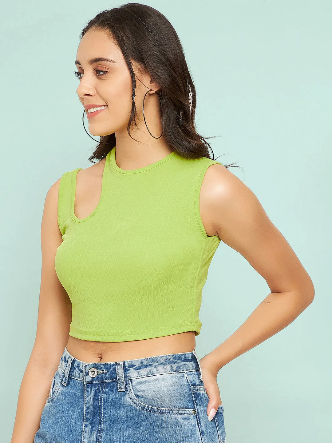 Cotton Stretchable Shoulder Cutout Crop Top