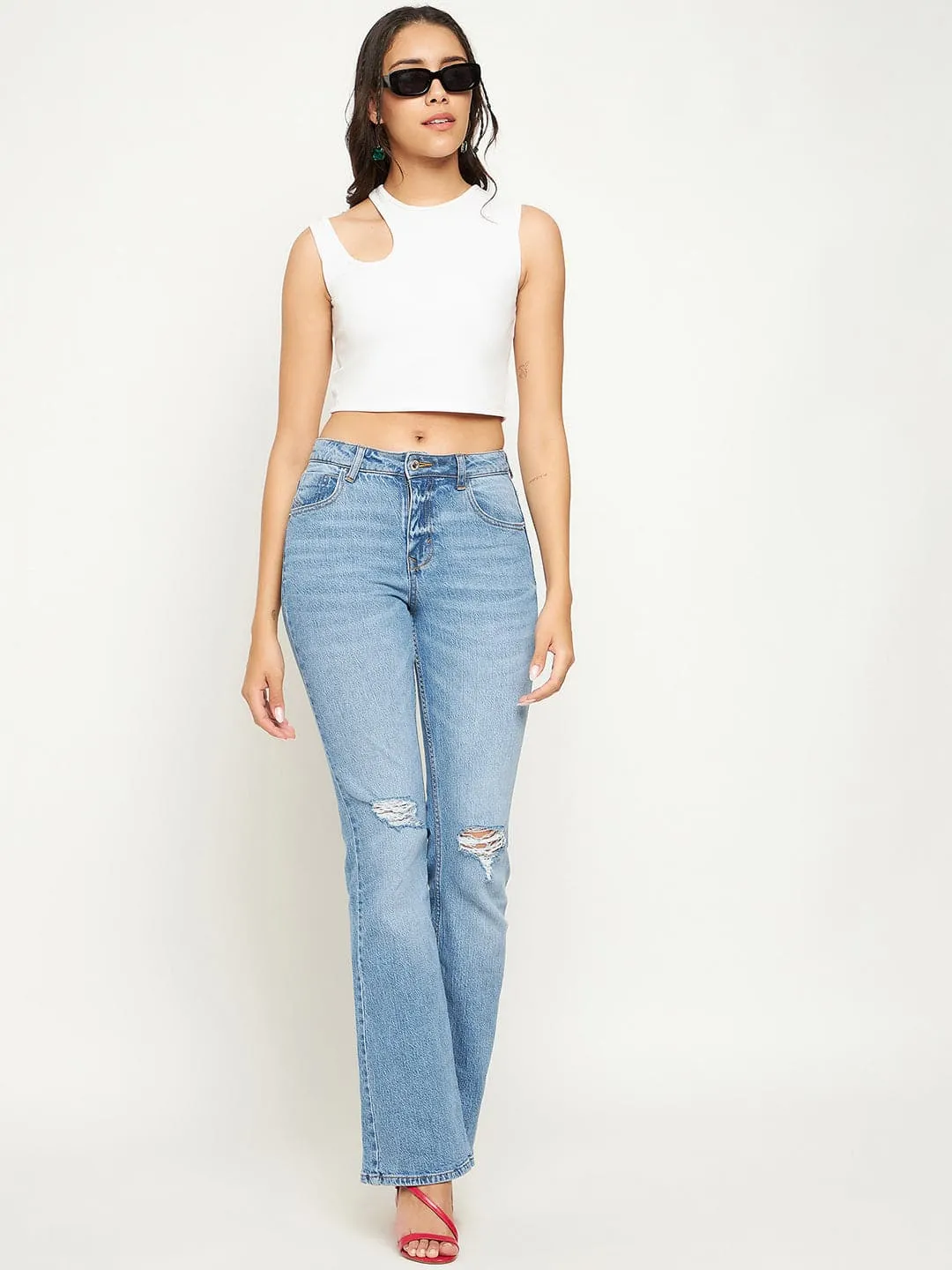 Cotton Stretchable Shoulder Cutout Crop Top