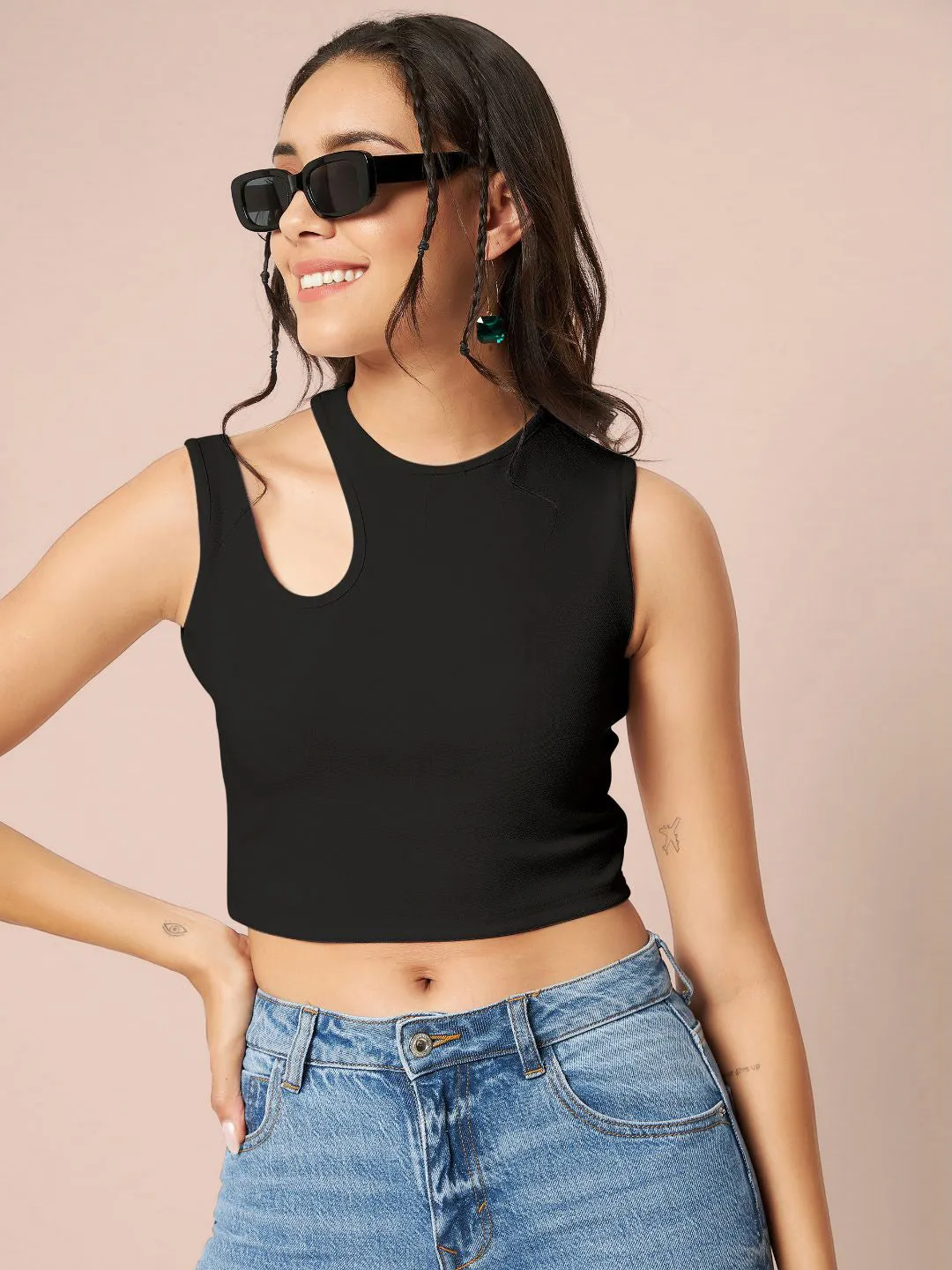 Cotton Stretchable Shoulder Cutout Crop Top