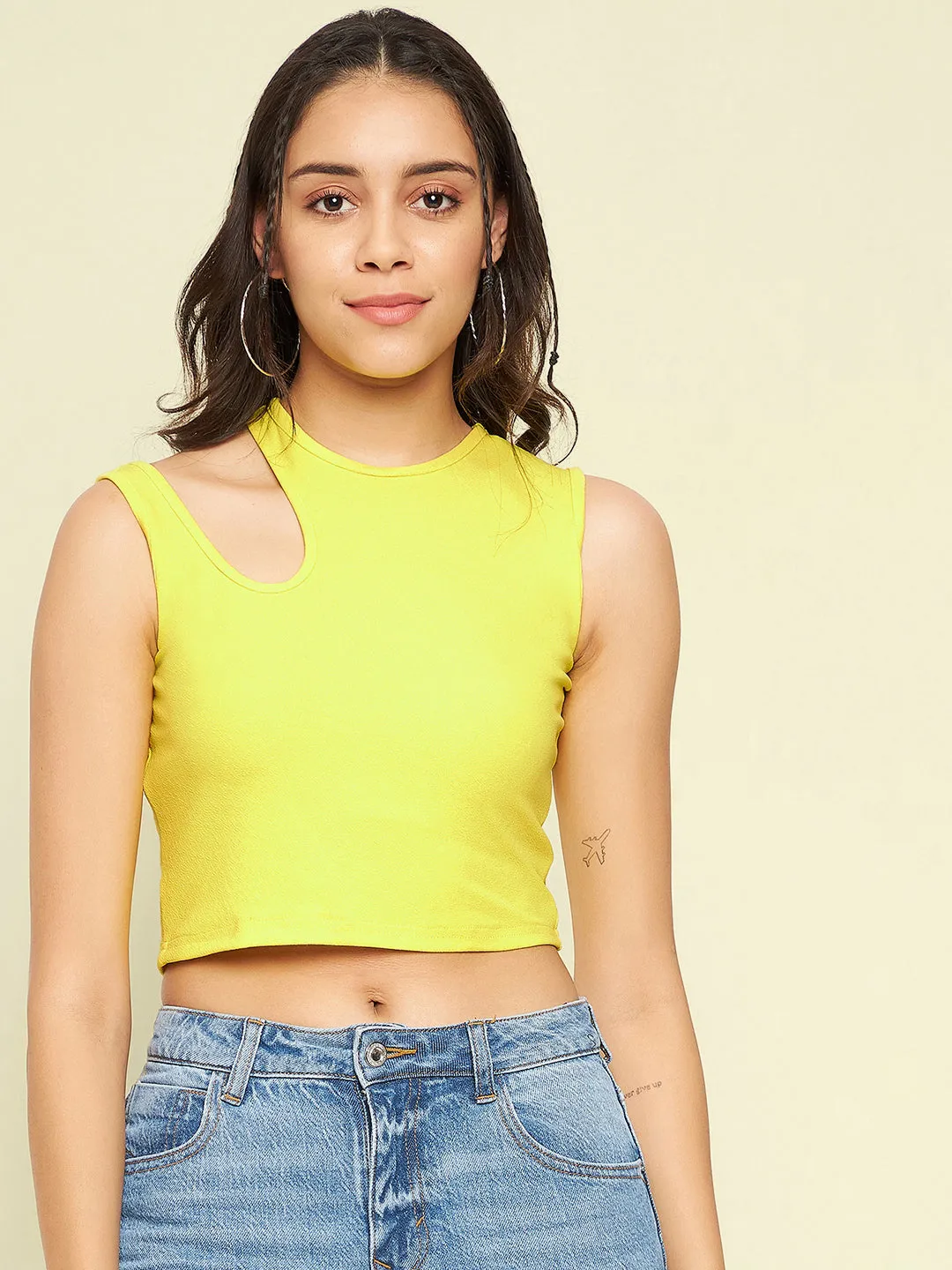 Cotton Stretchable Shoulder Cutout Crop Top