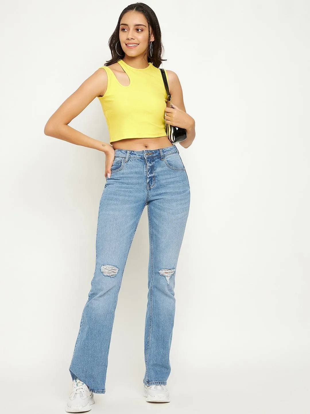 Cotton Stretchable Shoulder Cutout Crop Top