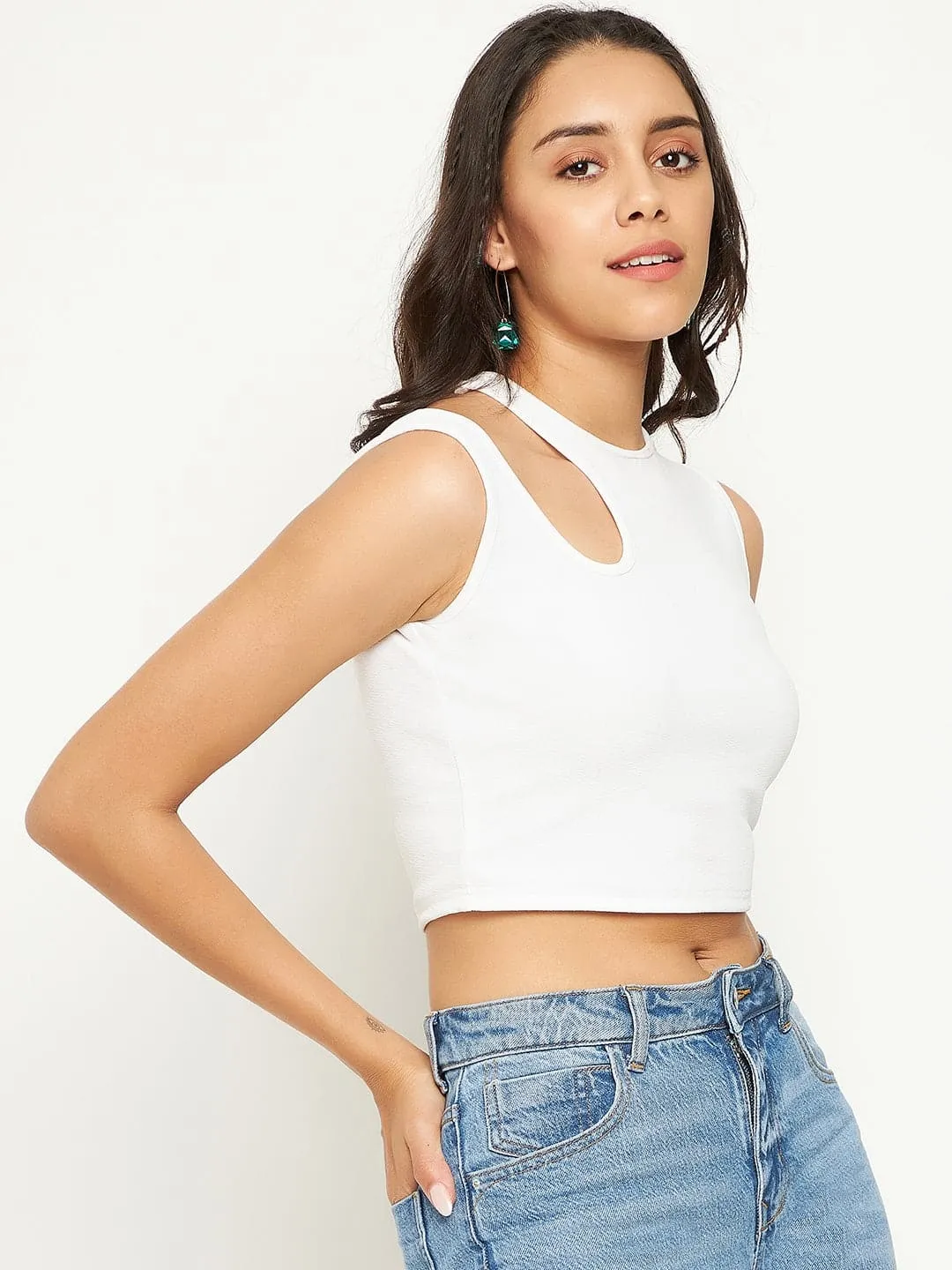 Cotton Stretchable Shoulder Cutout Crop Top