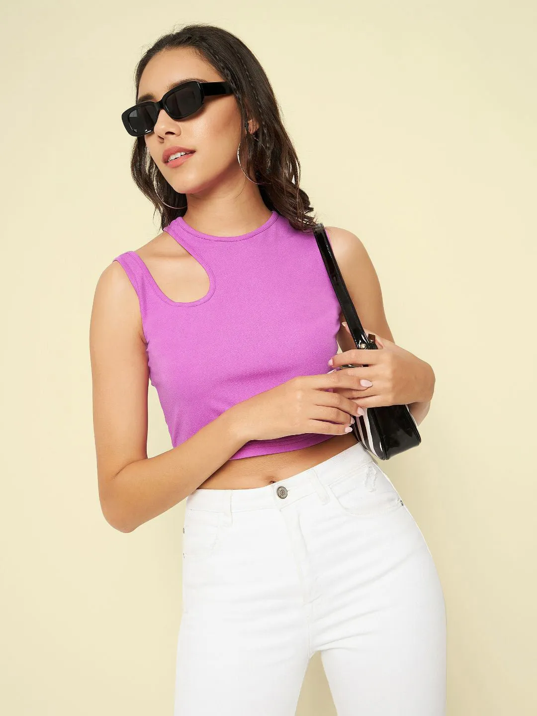 Cotton Stretchable Shoulder Cutout Crop Top