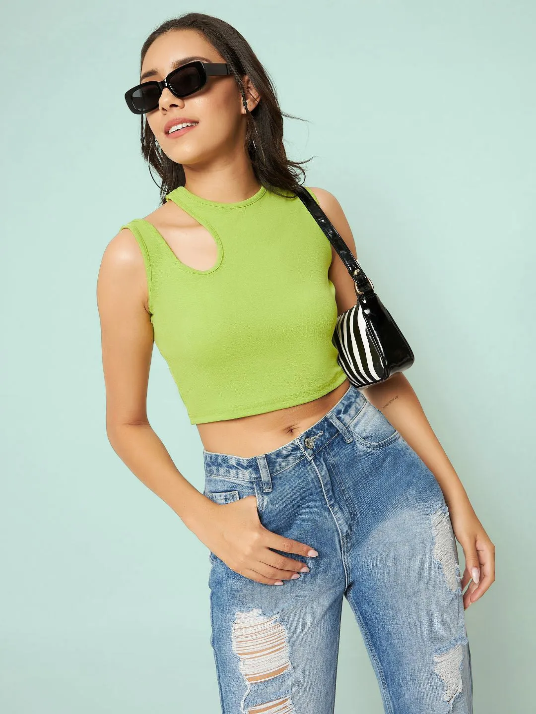 Cotton Stretchable Shoulder Cutout Crop Top