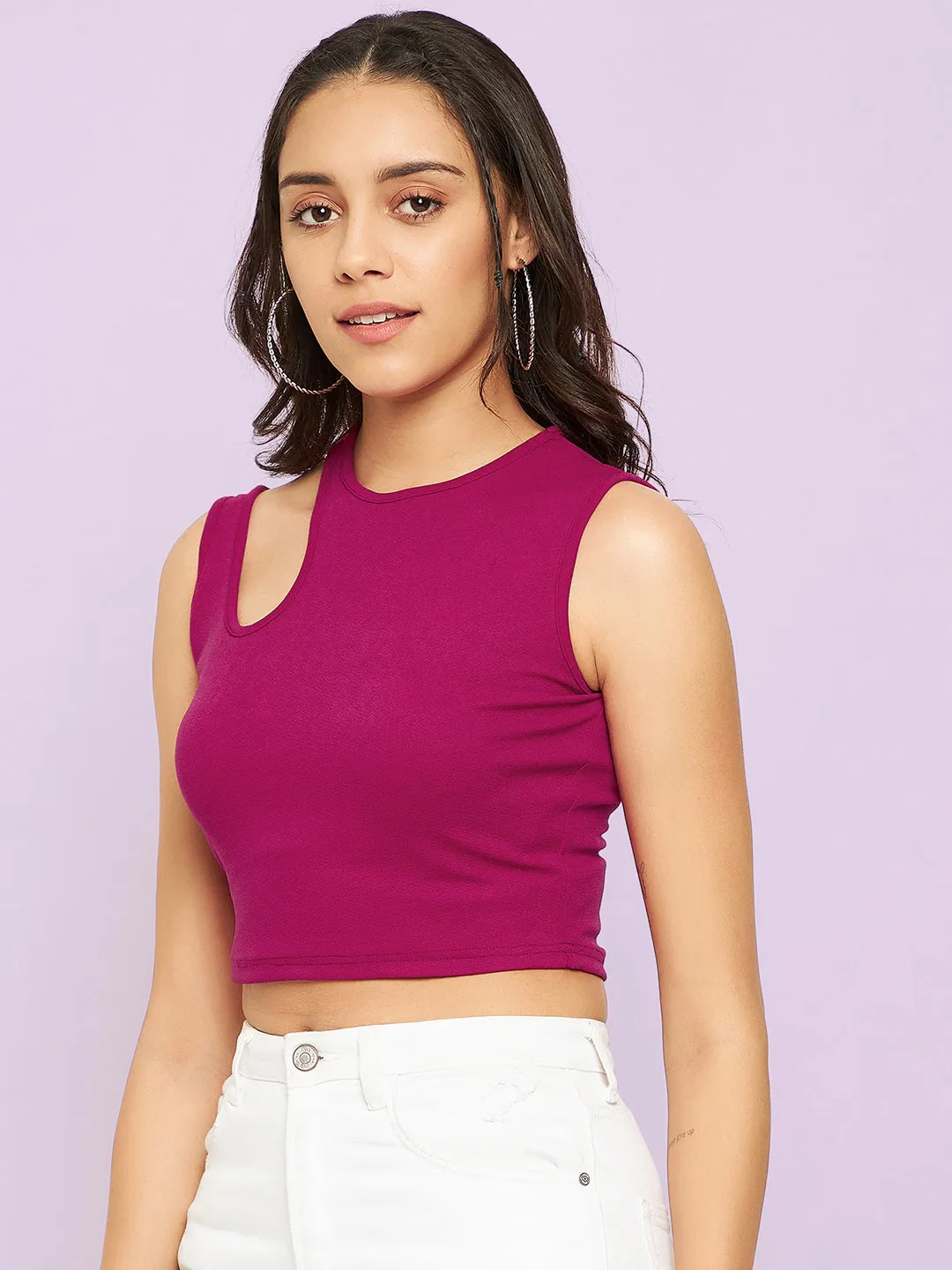 Cotton Stretchable Shoulder Cutout Crop Top