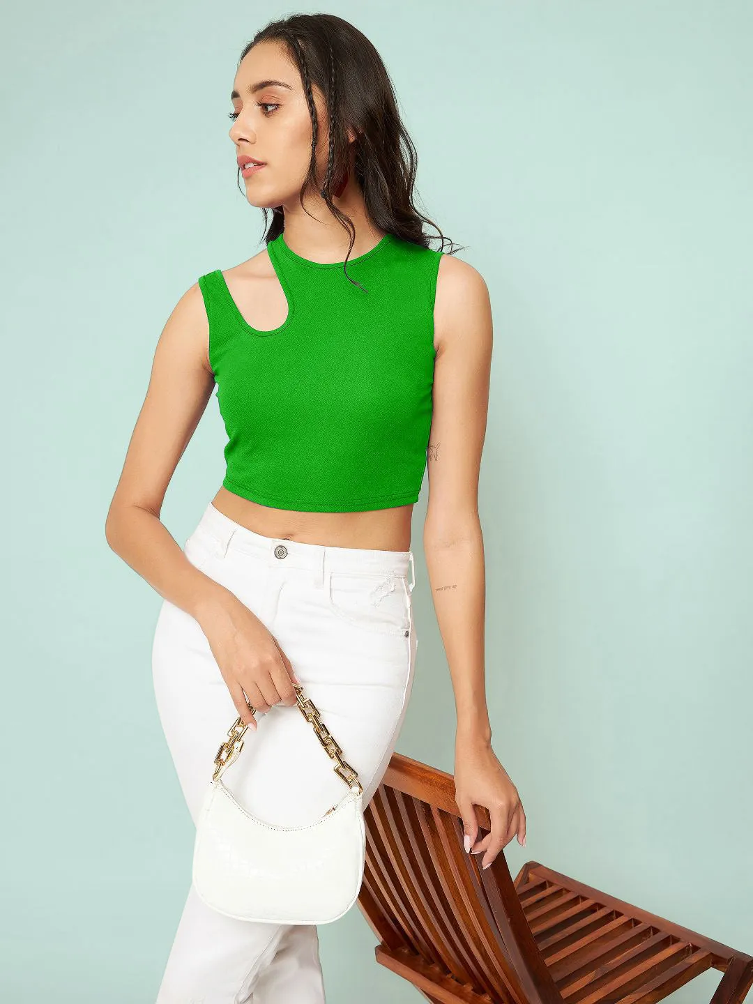 Cotton Stretchable Shoulder Cutout Crop Top