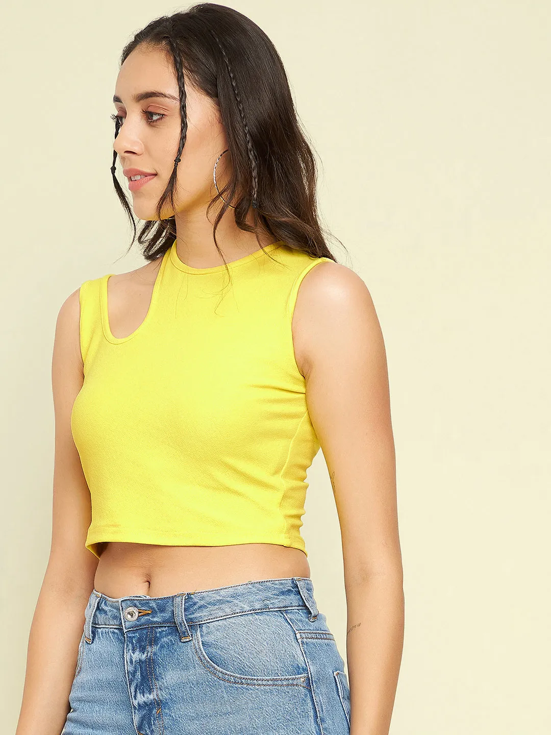 Cotton Stretchable Shoulder Cutout Crop Top