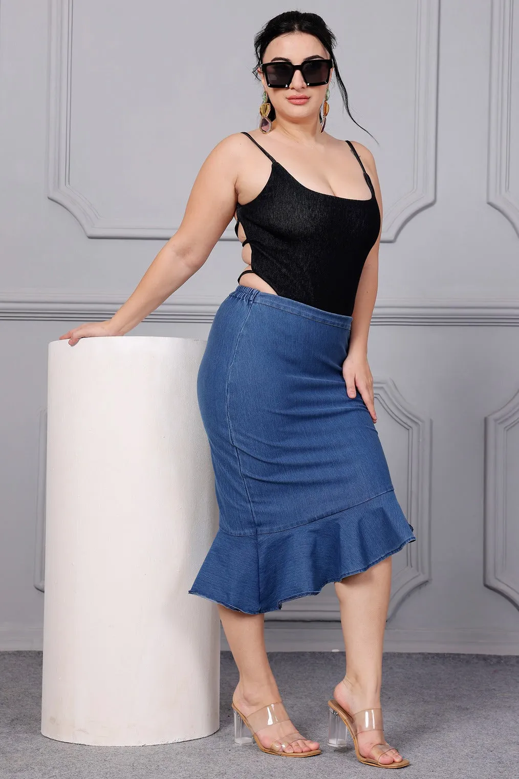 Denim Solid Asymmetric Skirt