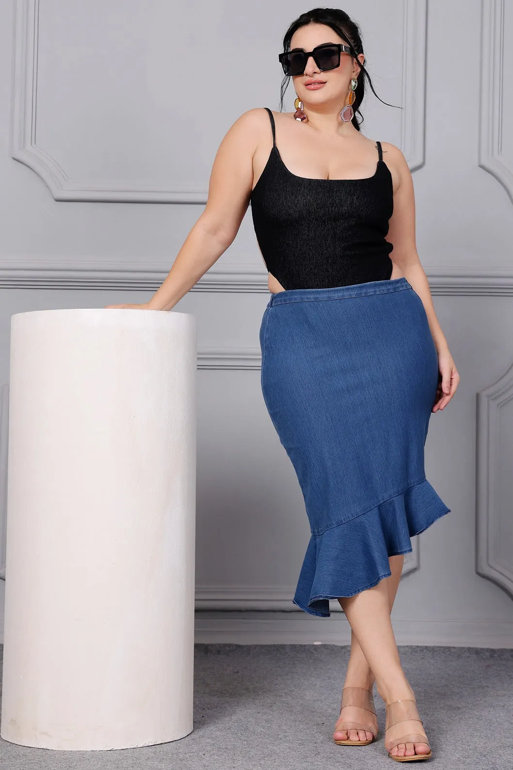 Denim Solid Asymmetric Skirt