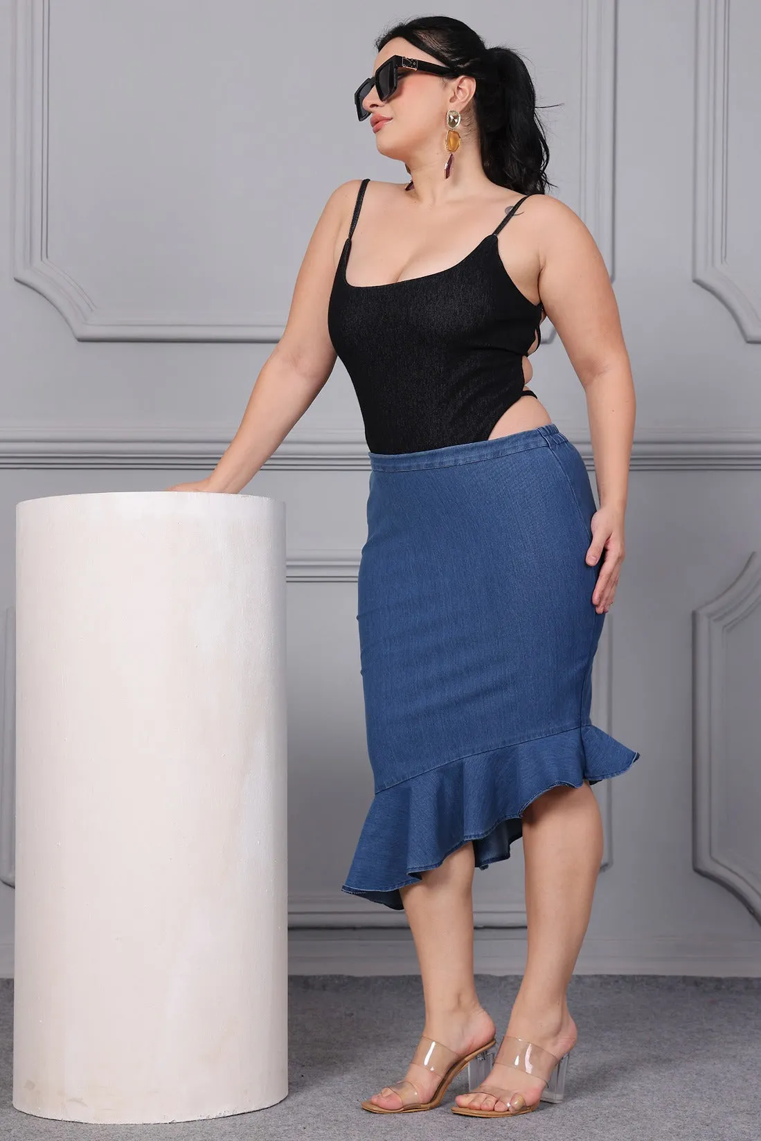 Denim Solid Asymmetric Skirt