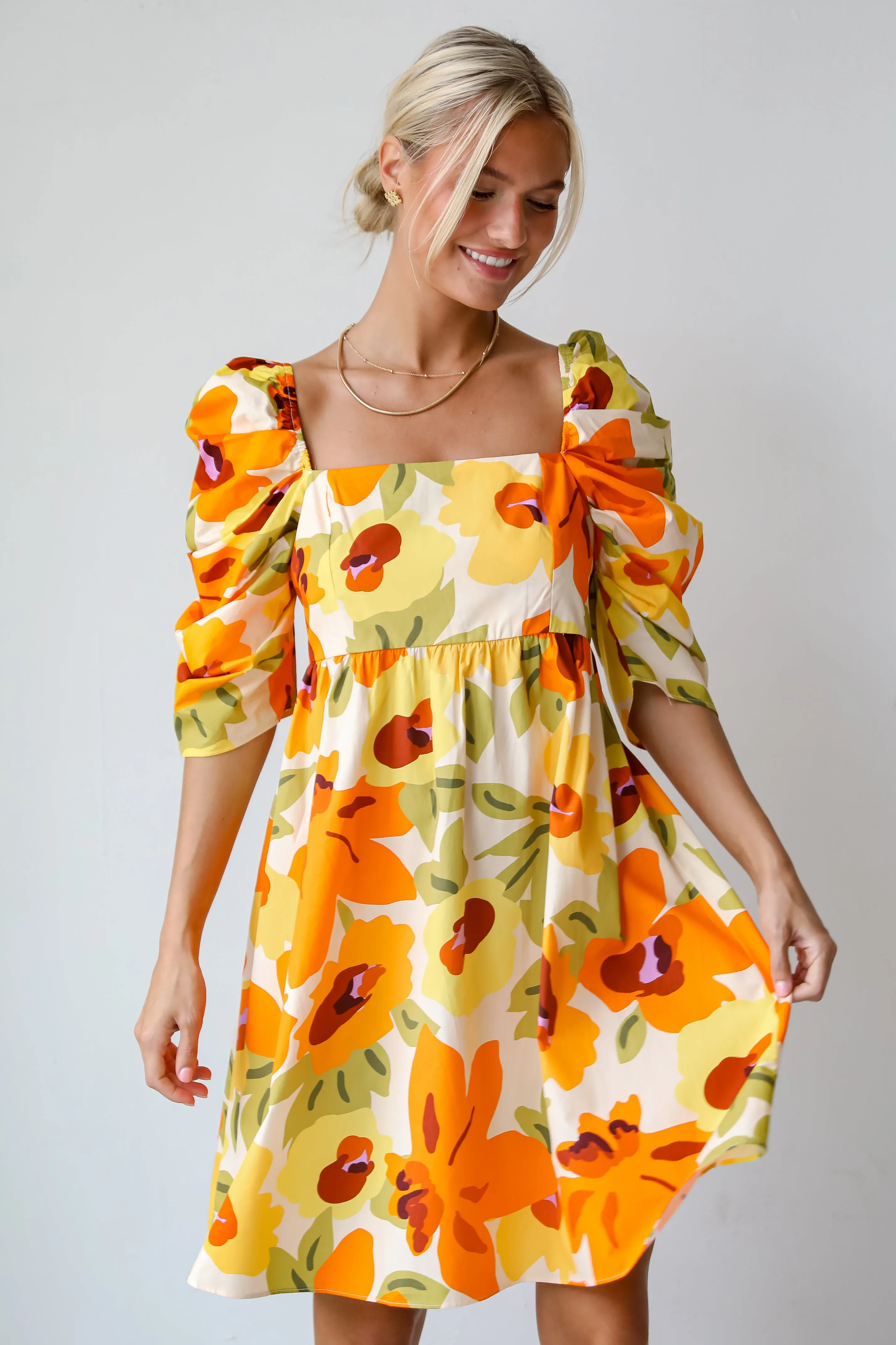 FINAL SALE - Unique Blooms Orange Floral Babydoll Mini Dress