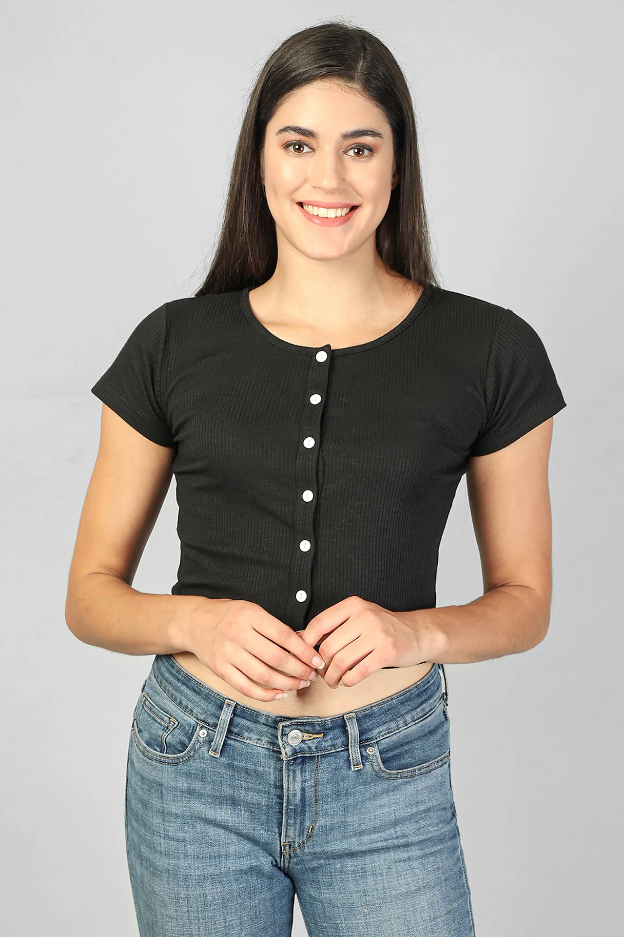 FRONT BUTTON ROUND NECK RIBBED CROP TOP