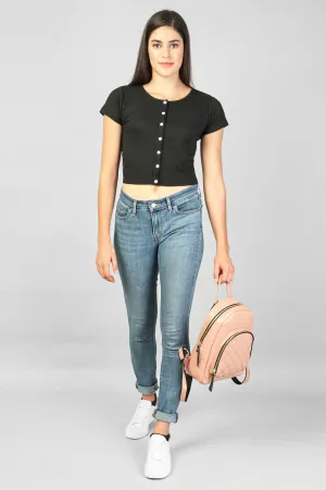 FRONT BUTTON ROUND NECK RIBBED CROP TOP