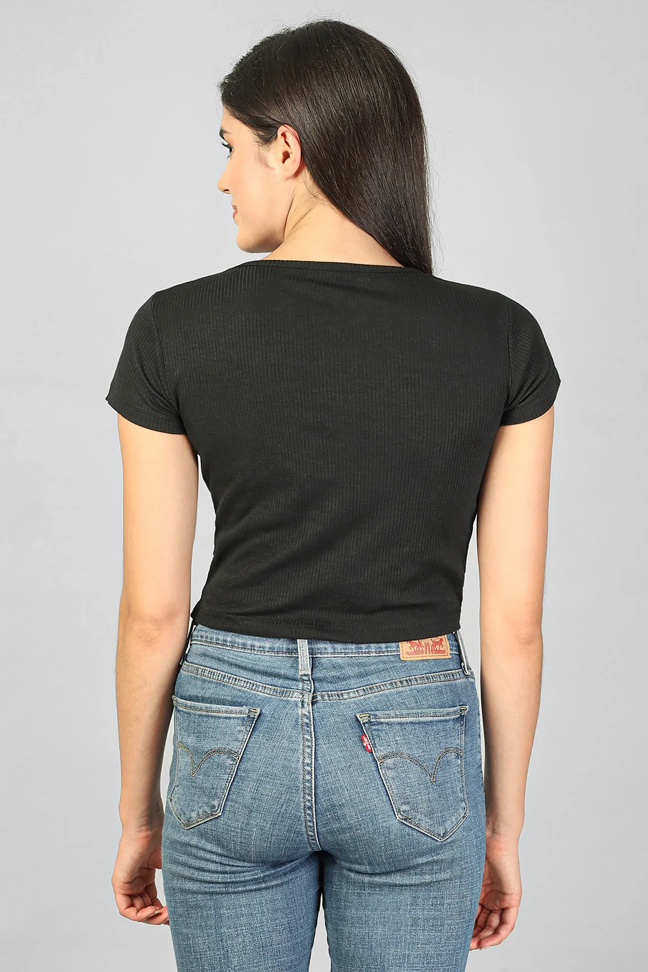 FRONT BUTTON ROUND NECK RIBBED CROP TOP