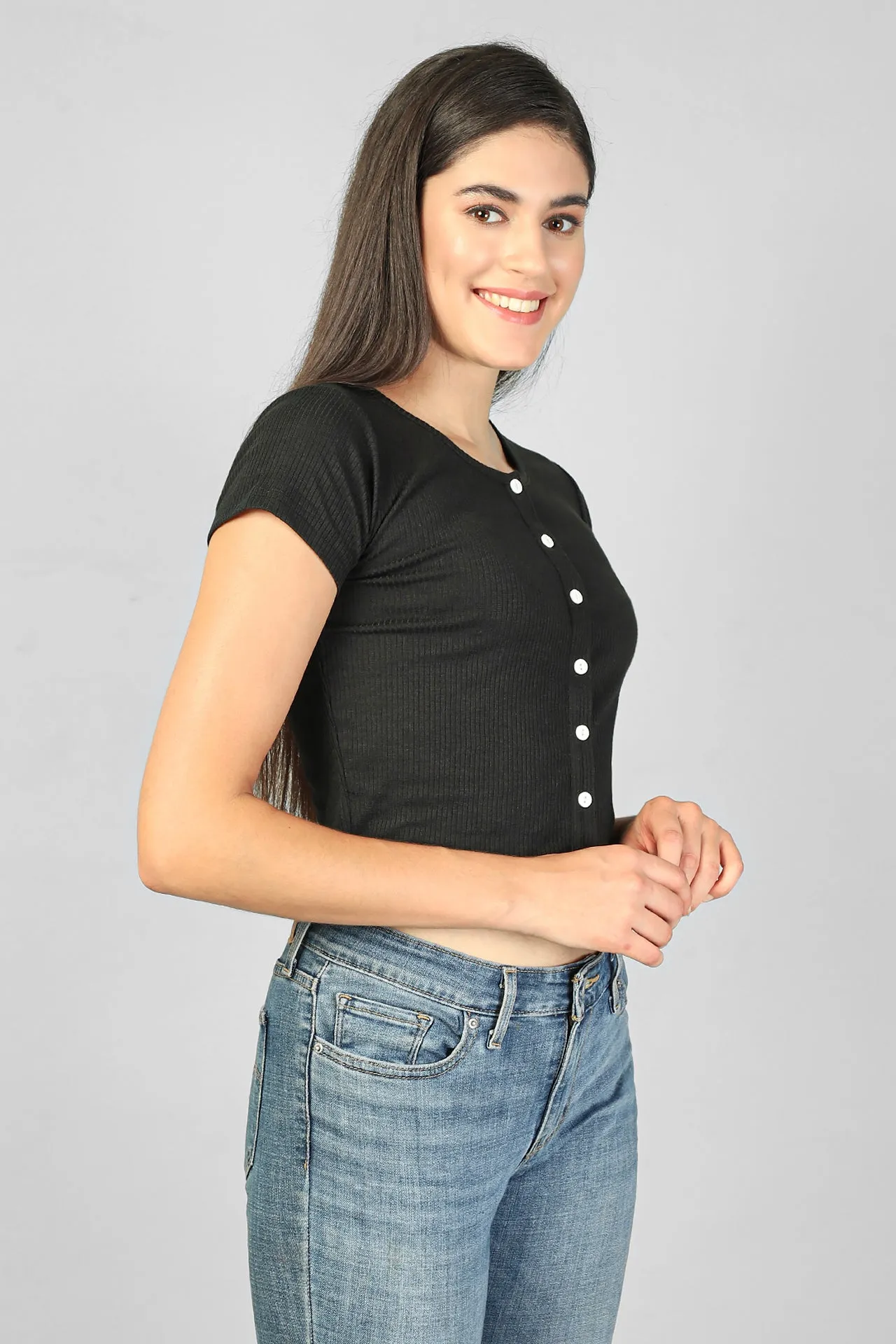 FRONT BUTTON ROUND NECK RIBBED CROP TOP