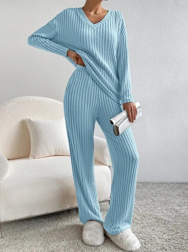 Getadme Casual Sets for Women 2 Pieces Autumn New Loungewear Loose V-Neck Long Sleeve Top and Pit Strip Knitted Straight Pants Suit