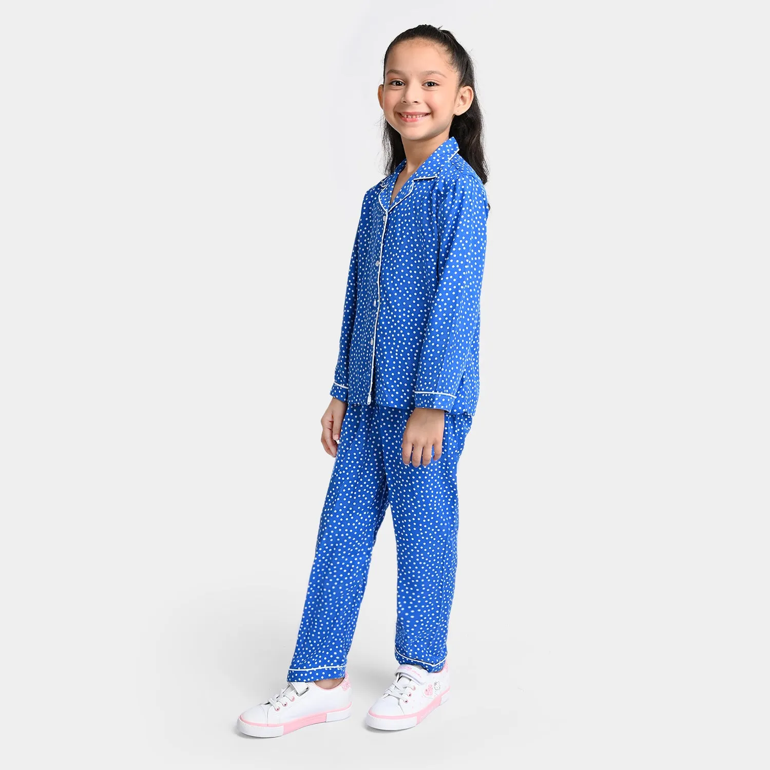 Girls Woven Night Suit Dots-Royal Blue