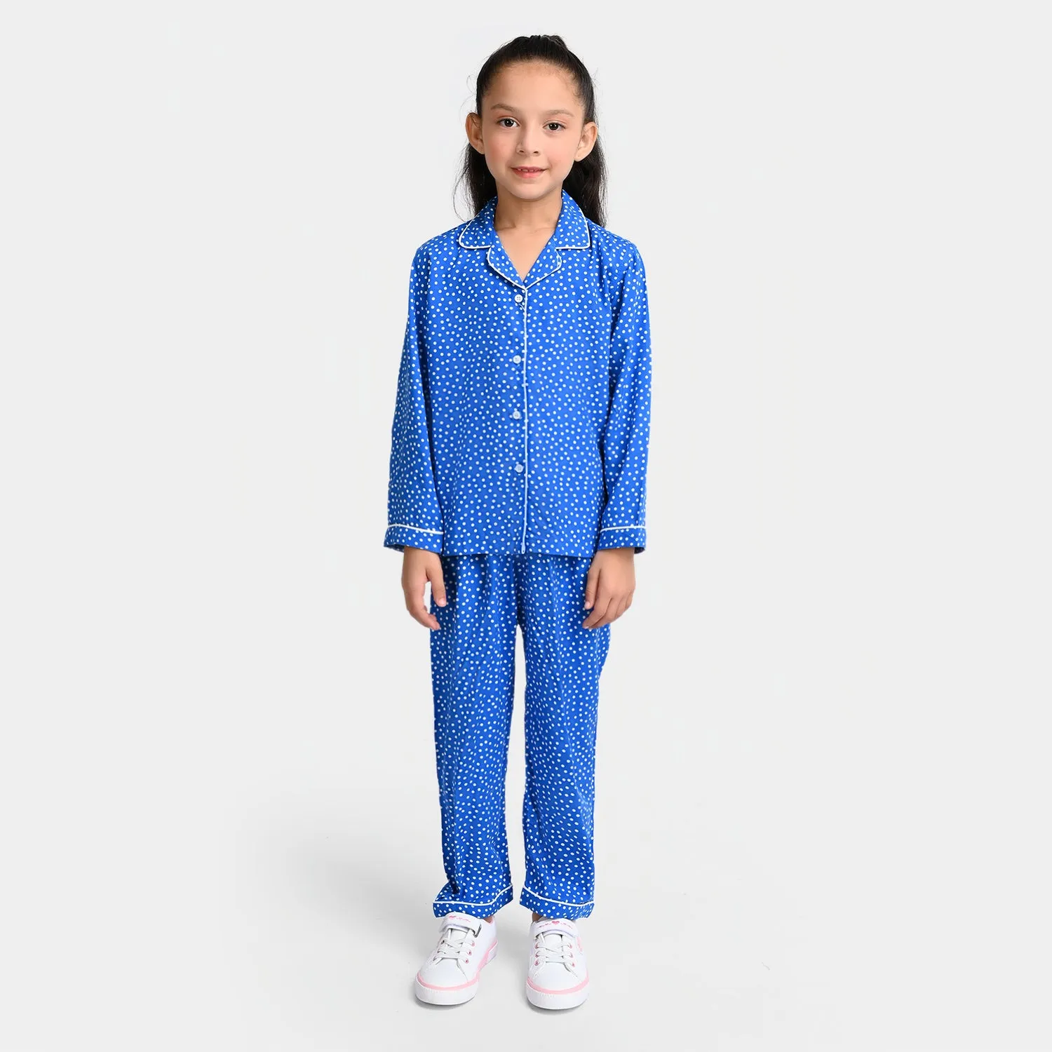 Girls Woven Night Suit Dots-Royal Blue