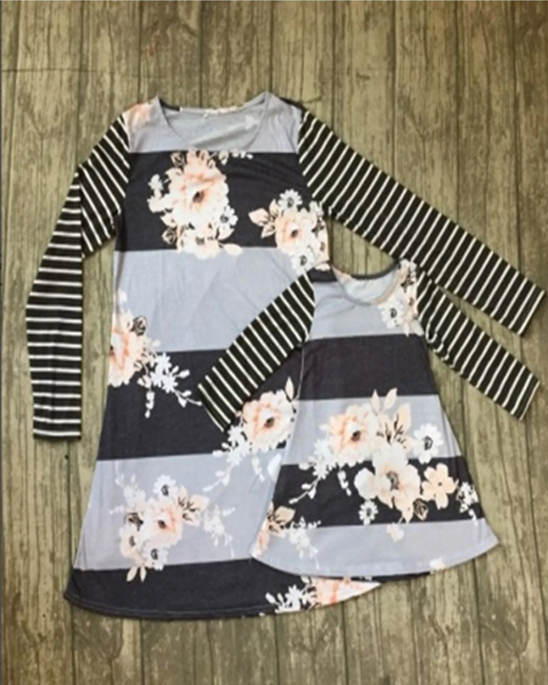 Gray Stripe and Foral Mommy and me Dress