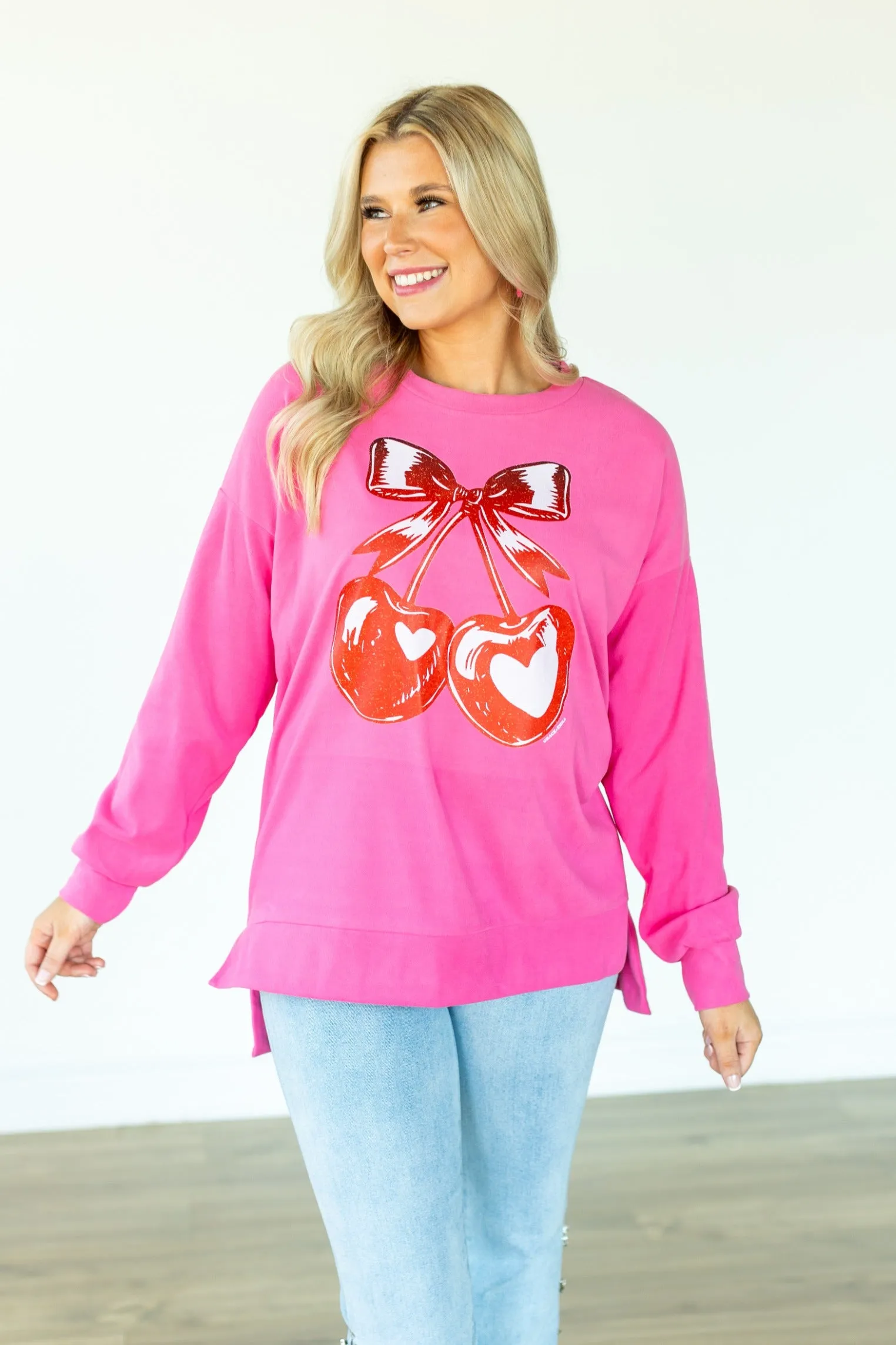 Heart Cherries on Pink Sweatshirt