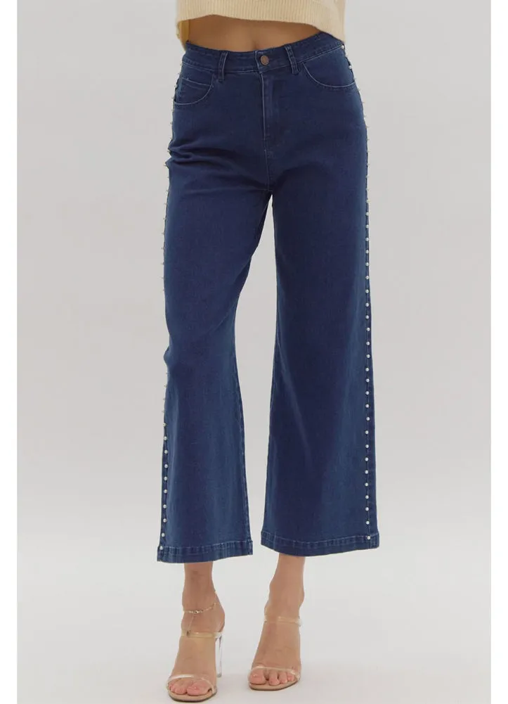 HW Wide Leg Pants with Pearl Detail in Dark Denim by Entro