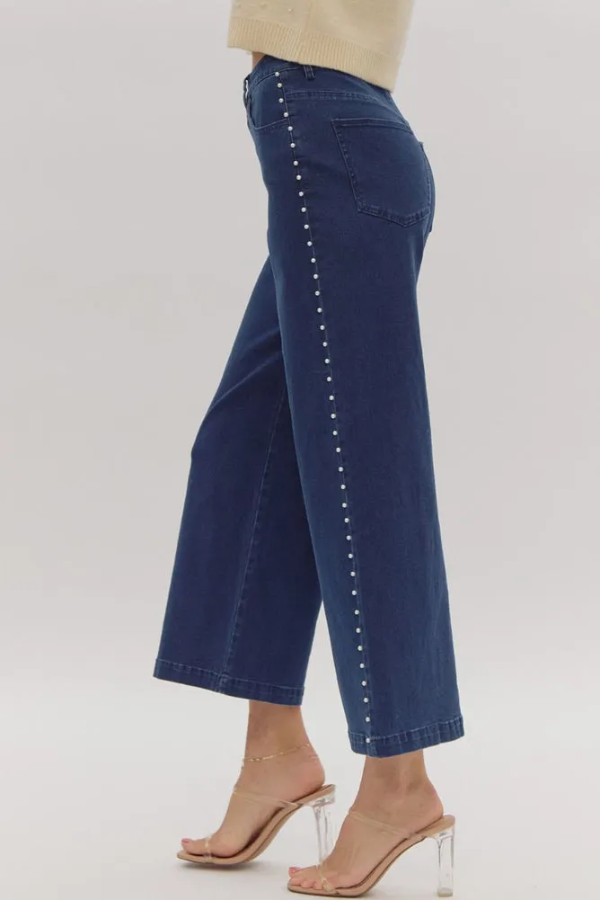 HW Wide Leg Pants with Pearl Detail in Dark Denim by Entro