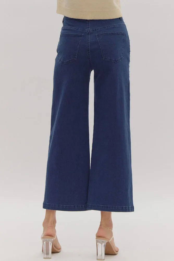 HW Wide Leg Pants with Pearl Detail in Dark Denim by Entro