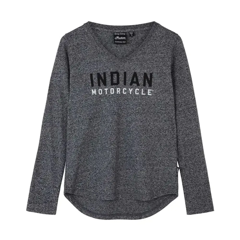 Indian Motorcycle  Womens Contrast Block Logo Long Sleeve T-Shirt Tee Light Grey