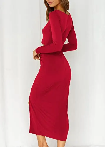 KIRUNDO 2023 Spring Summer Women's Long Sleeve Twist Cutout Bodycon Midi Dress High Waist Crewneck Slim Fit Slit Dresses(Red, Medium)