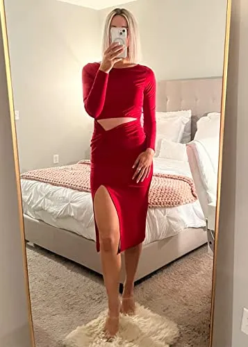 KIRUNDO 2023 Spring Summer Women's Long Sleeve Twist Cutout Bodycon Midi Dress High Waist Crewneck Slim Fit Slit Dresses(Red, Medium)