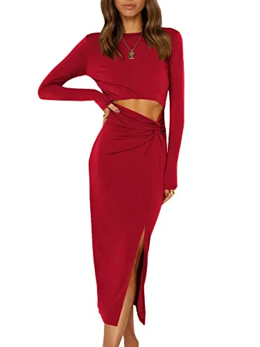 KIRUNDO 2023 Spring Summer Women's Long Sleeve Twist Cutout Bodycon Midi Dress High Waist Crewneck Slim Fit Slit Dresses(Red, Medium)