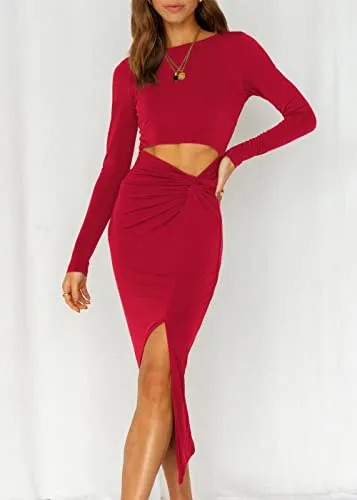 KIRUNDO 2023 Spring Summer Women's Long Sleeve Twist Cutout Bodycon Midi Dress High Waist Crewneck Slim Fit Slit Dresses(Red, Medium)