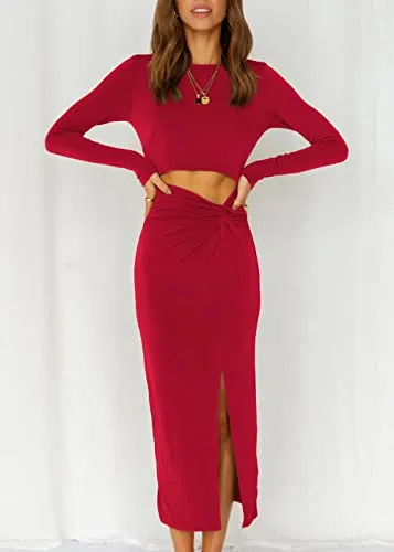 KIRUNDO 2023 Spring Summer Women's Long Sleeve Twist Cutout Bodycon Midi Dress High Waist Crewneck Slim Fit Slit Dresses(Red, Medium)