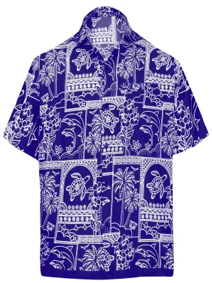 LA LEELA Shirt Casual Button Down Short Sleeve Beach Shirt Men Aloha Blue_W468