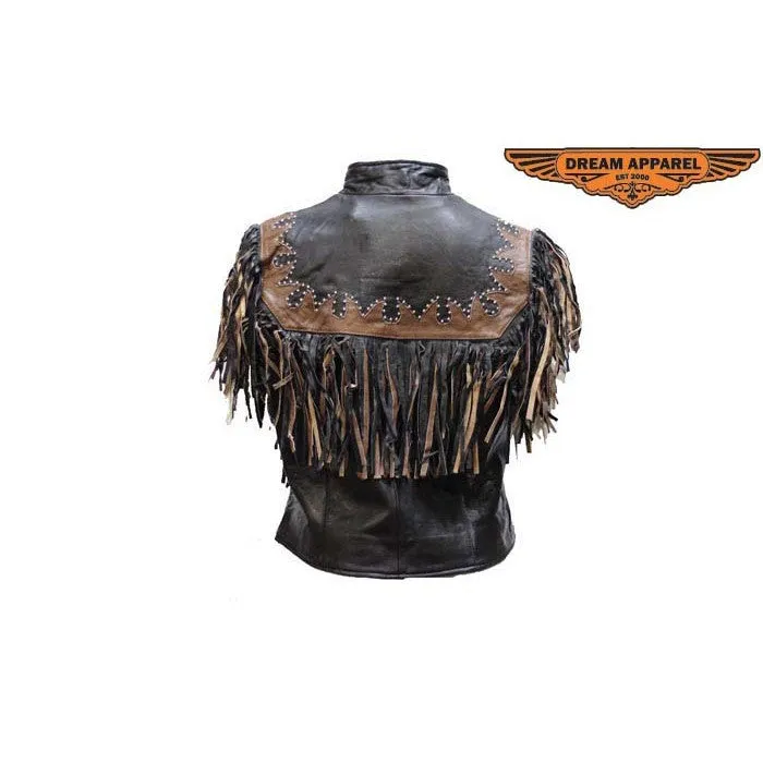 Ladies Black & Brown Vest wtih Beads, Bone, Braid & Fringes, Snaps