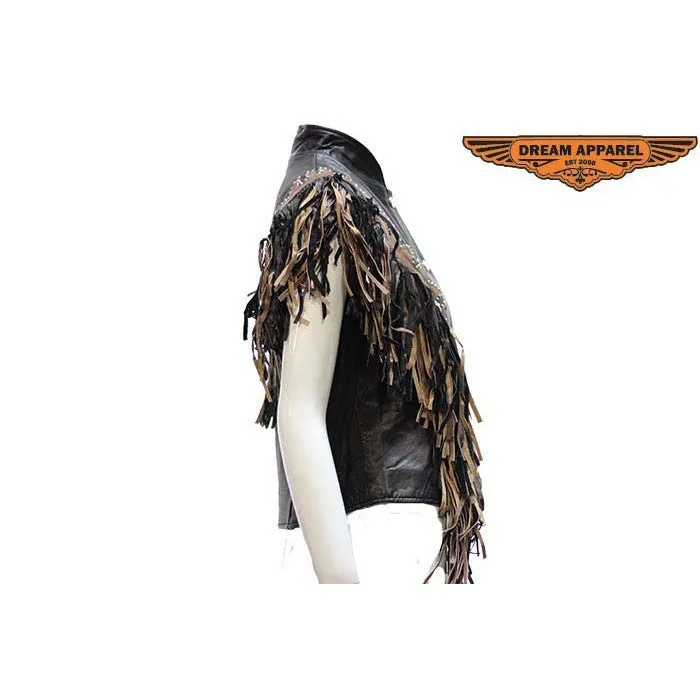 Ladies Black & Brown Vest wtih Beads, Bone, Braid & Fringes, Snaps