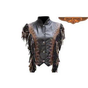 Ladies Black & Brown Vest wtih Beads, Bone, Braid & Fringes, Snaps