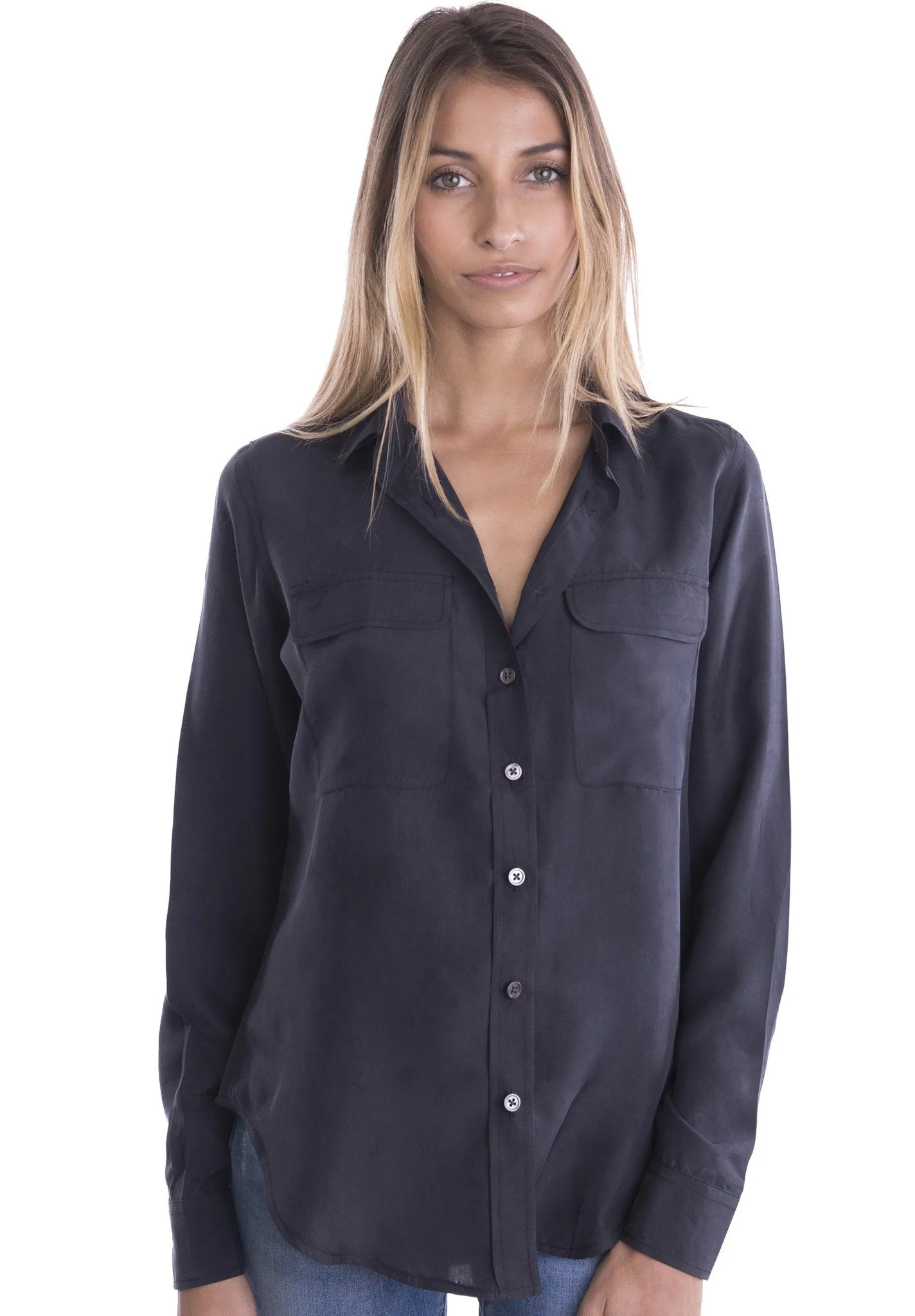 Lete-Silk Black Classic Fit Sand Washed Silk Shirt