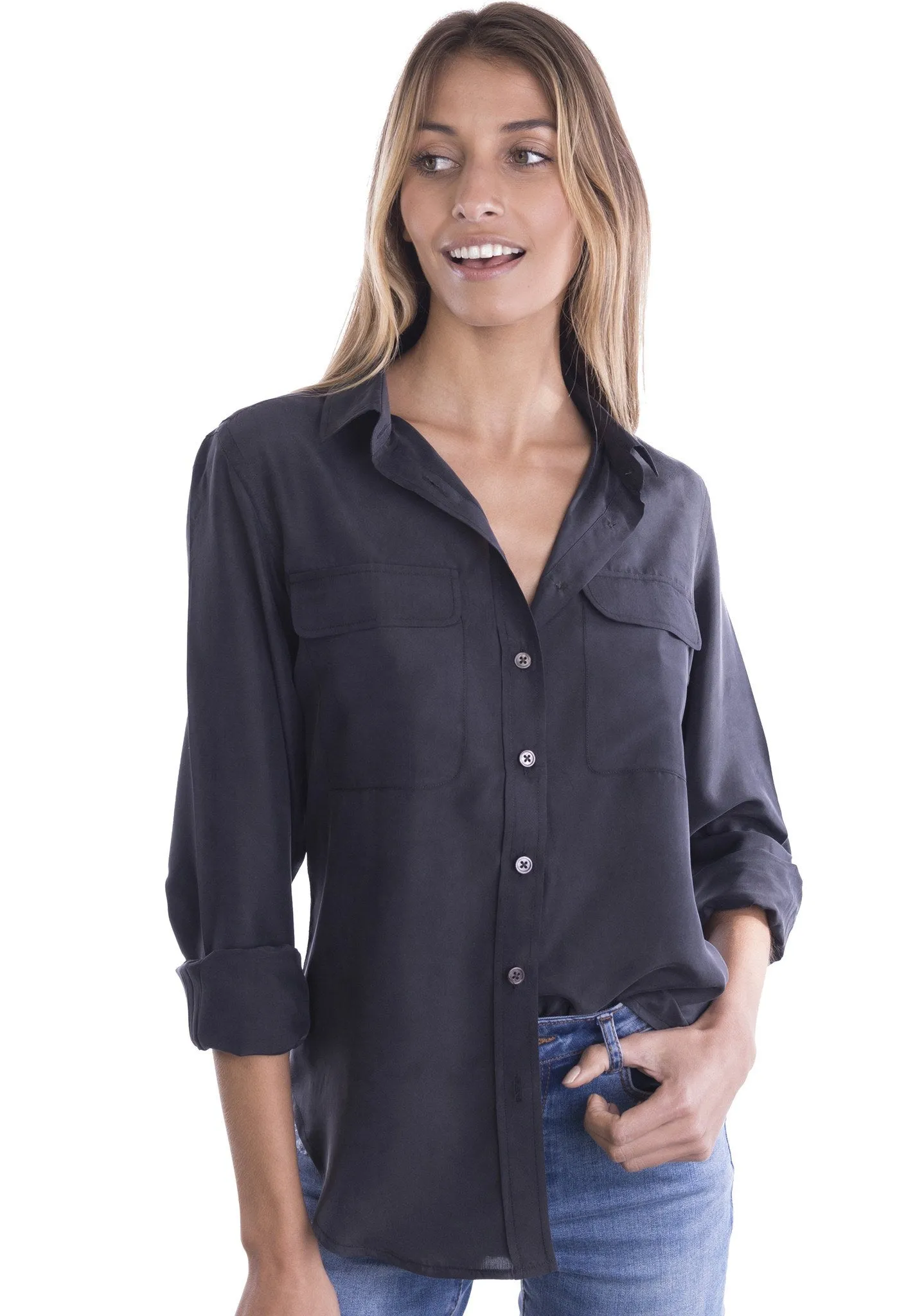 Lete-Silk Black Classic Fit Sand Washed Silk Shirt